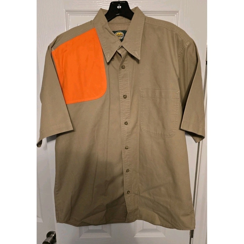 Cabelas Hunting Fishing Shirt Mens Large Short Sleeve Button Down Tan Orange